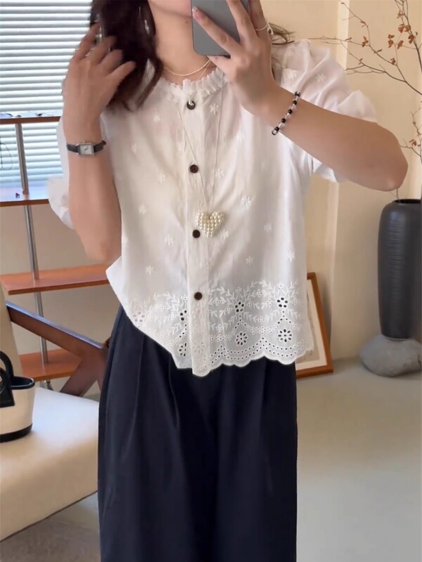 フレンチ中空半袖シャツレディース薄手2025新作夏韓国風刺繍高級小柄トップス|undefined