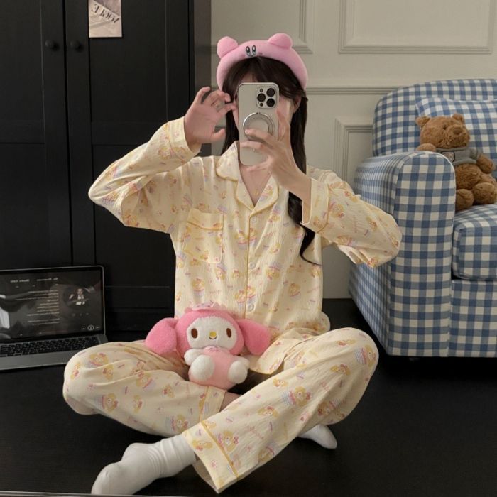 Al por mayor transfronterizo primavera y otoño nuevo pijama de mujer nubes de algodón con solapa cardigan de manga larga pantalones dulces set de ropa para el hogar