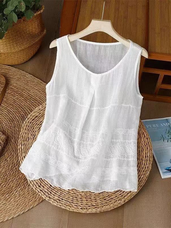夏の女性用コットンとリネンの刺繍入りキャミソール、スリムなノースリーブのアウターウェアとインナーウェア、大きいサイズのコットンとリネンのボトムシャツトップ|undefined