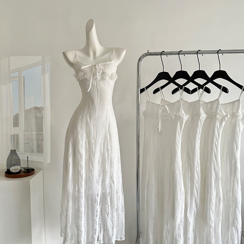 MILLAIDI Moonlight minor three-dimensional flower lace waist strap dress first love white skirt 2025 summer