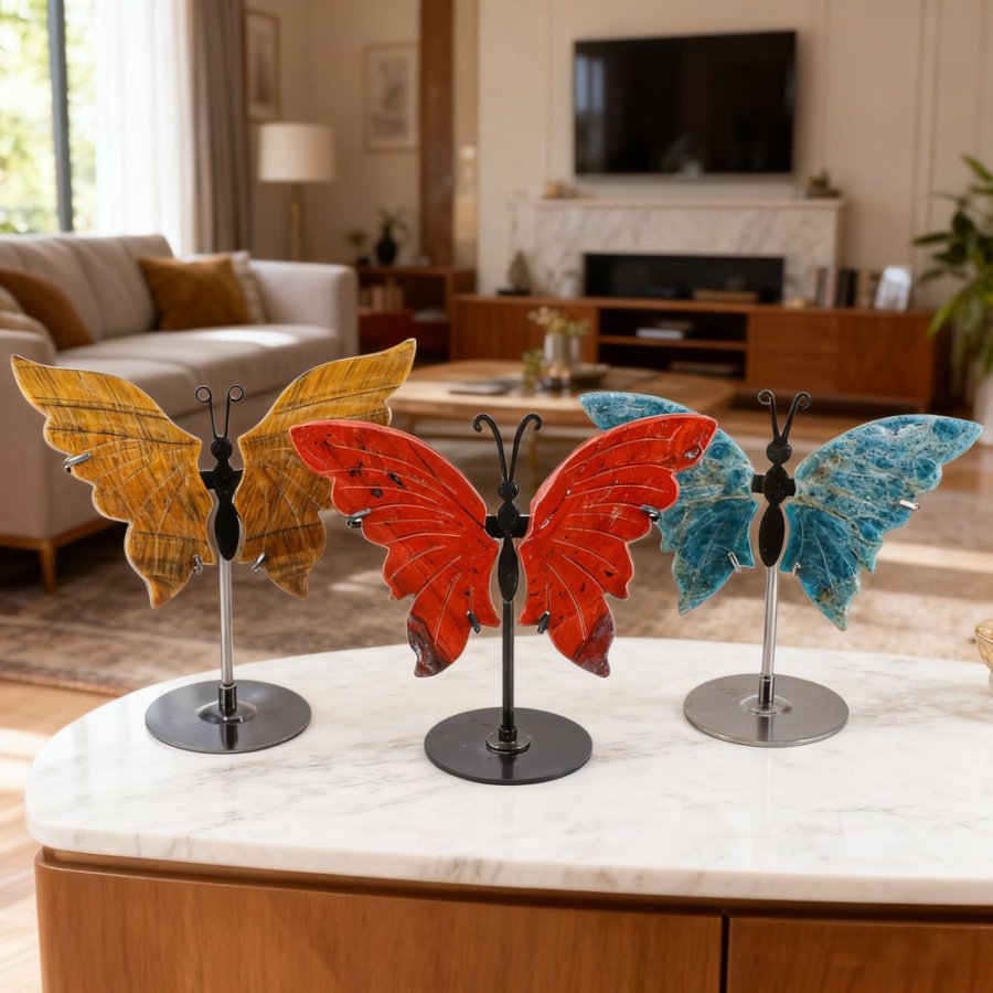 天然水晶家居装饰原石雕刻蝴蝶翅膀摆件生日礼物工艺品(含底座)