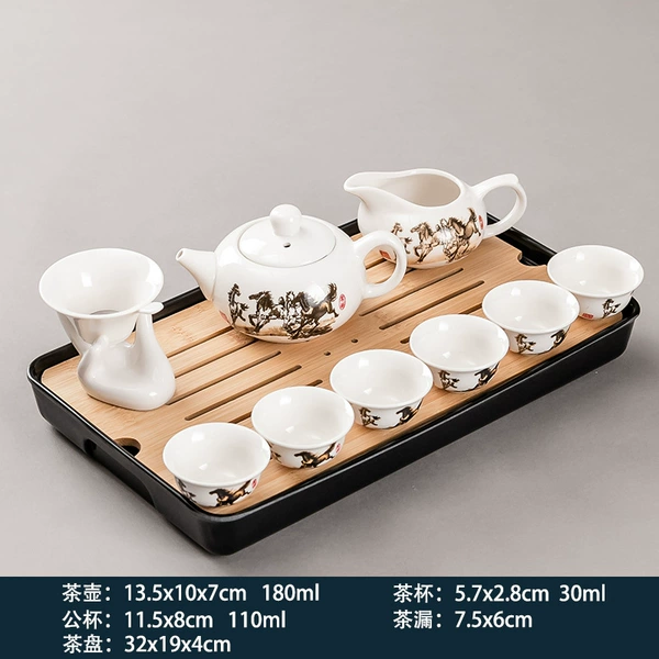 10 heads, 6 cups, galloping horse teapot (round bottom) + melamine medium rectangular Xiangyun black tea tray 32cm