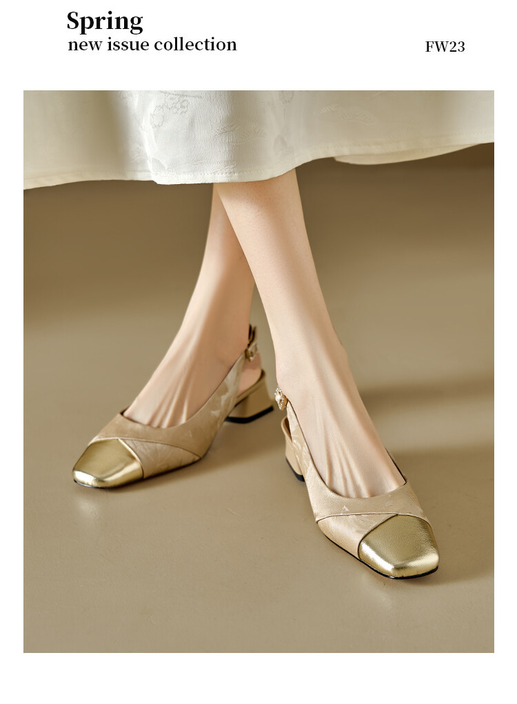 Sandal bít mũi nữ da bò phối màu gót thô 5 cm — Màu xanh lá, Màu mơ chi tiết 12
