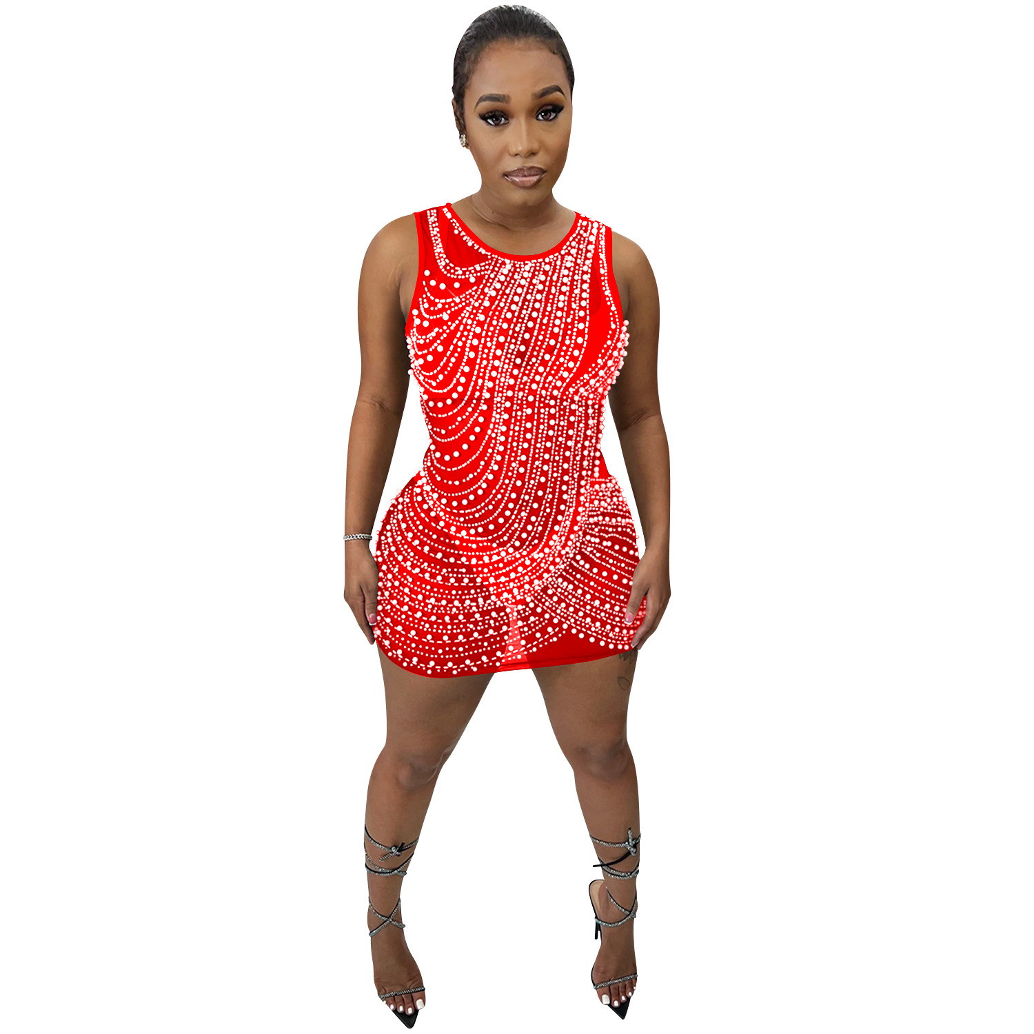 X5651 AliExpress Amazon moda sexy discoteca caliente rhinestone malla perspectiva cuello redondo suspender falda vestido image 7