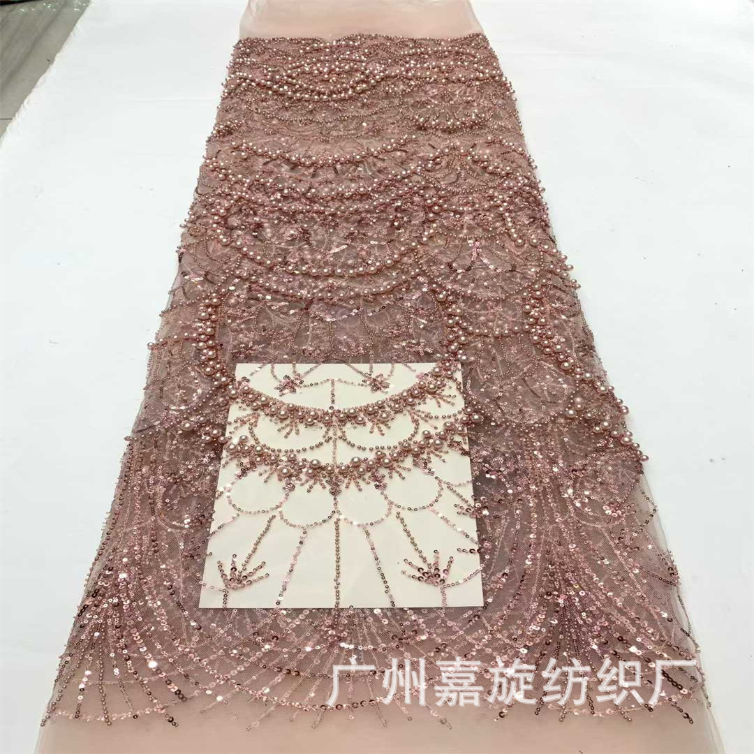 Nueva industria pesada europea y americana gran burbuja de perlas de oro tubo de perlas sequinilla tela bordada vestido de boda vestido de rendimiento encaje
