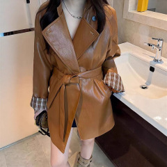 西装领皮风衣外套女欧洲站2025年秋季新款韩版高级感蛋白皮夹克潮