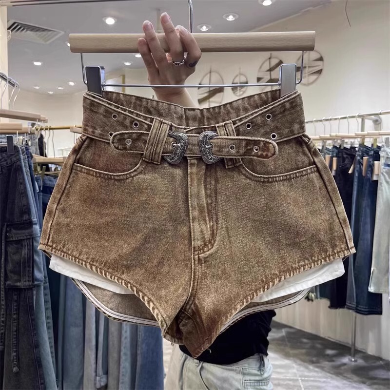 Retro distressed long leg shorts design cut Belt hot girl high waist personality fashion all-match wide leg hot pants