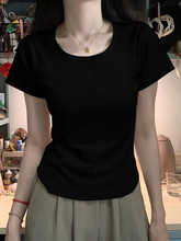 美式辣妹圆领黑色正肩短袖t恤女夏季修身大码胖mm遮肚显瘦上衣