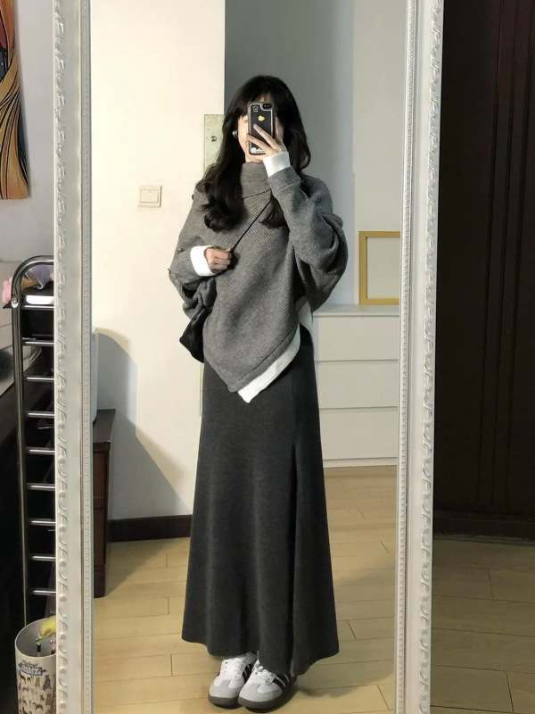 两件/套装韩系复古小个子高领不规则斗篷针织毛衣女+鱼尾半身长裙|undefined
