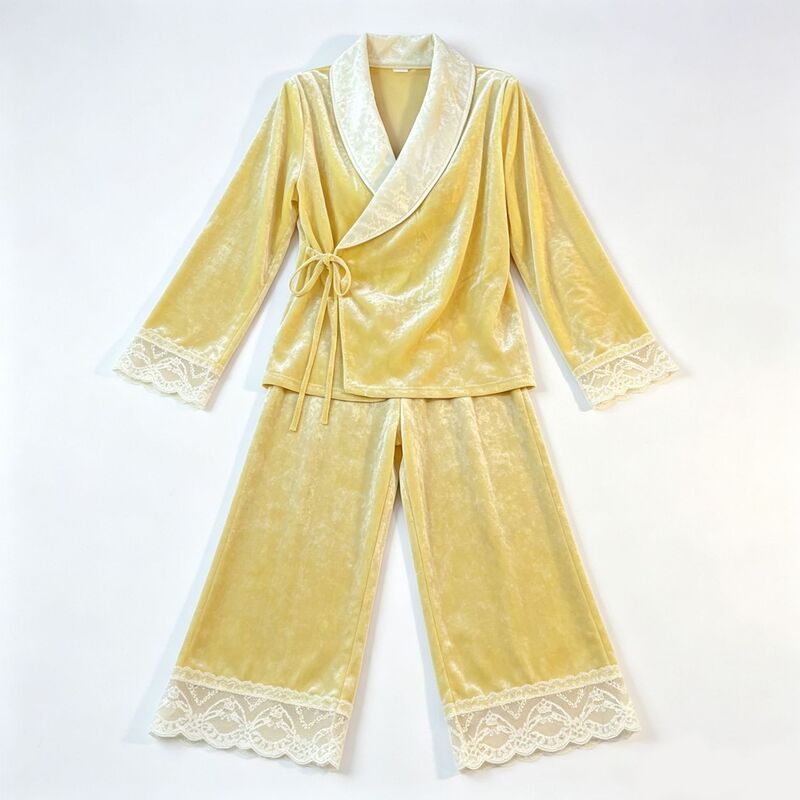 Princess-style spring and autumn new kimono, gold velvet long-sleeved long pants, solid color with lace trim, yellow, loose-fitting loungewear