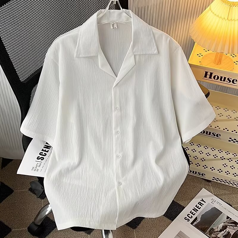 Pleated Ice Silk Shirt Men's Short-Sleeved Japanese-Style Loose Cuban Collar Shirt Summer Trendy Design Cool Top
