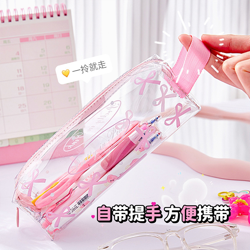 Bolsa de lápices transparente con lazo de alto valor, estilo ins, bolsa de papelería para estudiantes de gran capacidad, nueva caja de lápices impermeable portátil