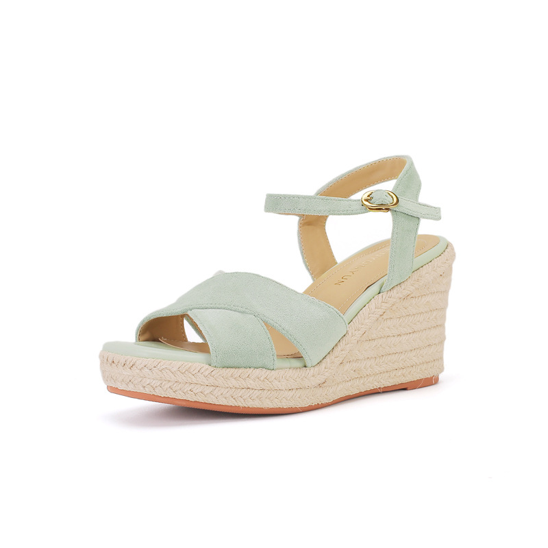 Sandal cao gót nữ hở mũi đế xuồng gót cao 9 cm, quai ngang đan dây thừng — Xanh lá cây nhạtcolor