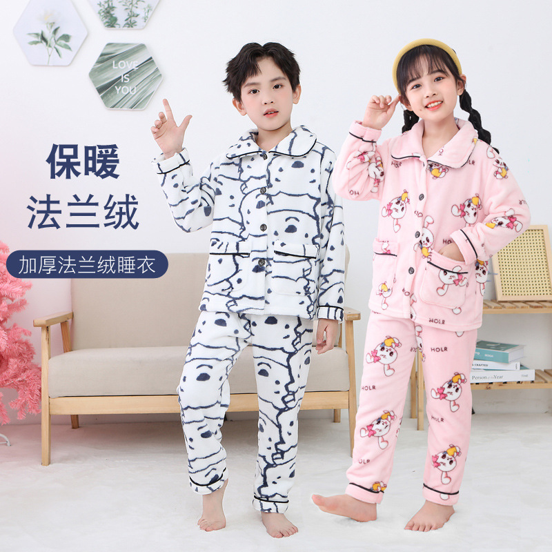 Traje de pijama de franela para niños Otoño e Invierno nuevos niños y Niñas Ropa Para el hogar traje ropa para padres e hijos forrada de lana engrosada ropa para niños