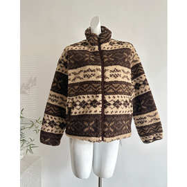 复古费尔岛提花立领羊羔羔外套冬季新款加厚保暖毛绒棉服 2025冬