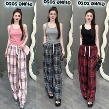 运动套装女夏季新款纯色无袖背心上衣搭配格子阔腿裤休闲两件套潮