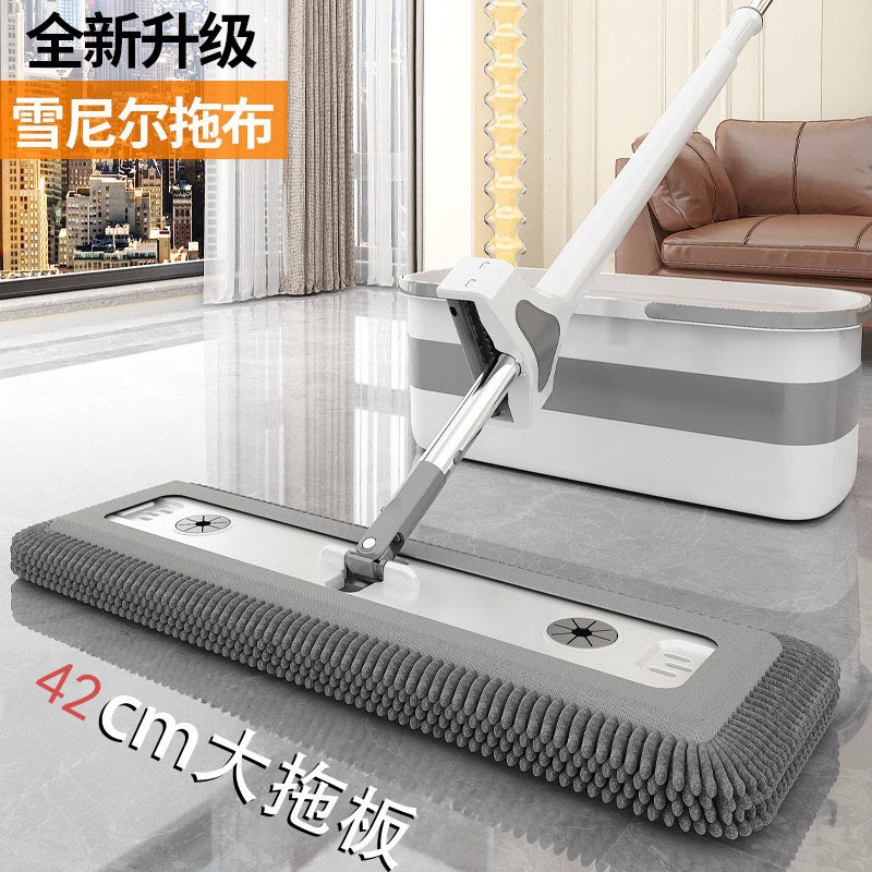 New Chenille Hands-Free Flat Mop, Thickened for Wooden Floors, Magic Mop, Large Size with Bucket, One-Sweep Clean Mop