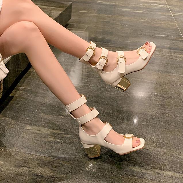 Giày sandal cao gót nữ thiết kế khóa thắt lưng, mũi hở, gót vuông 9 cm — Màu đen, Màu trắng be, Màu bạc