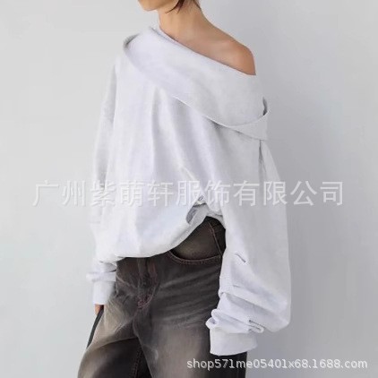 2025欧美|火焰一体绒连帽斜肩卫衣2025春季潮牌新品美式休闲斜肩|undefined