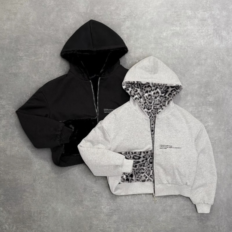 欧美跨境冬季新款豹纹两面穿卫衣街头嘻哈男女款加绒加厚连帽卫衣
