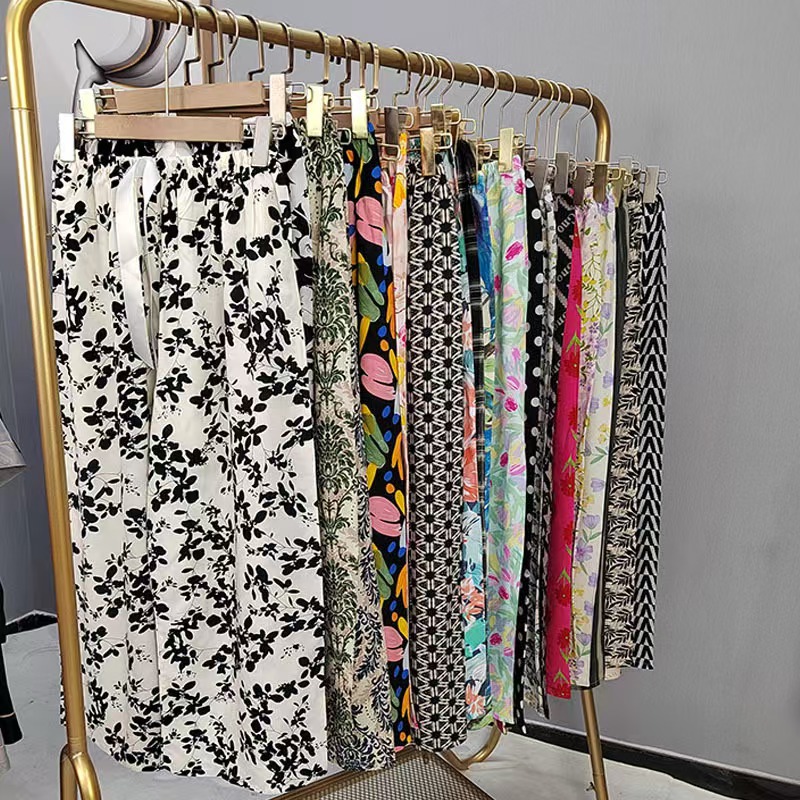 Pijama de seda de algodón para mujer, pantalones anchos de mujer embarazada de seda de algodón con estampado fino de verano