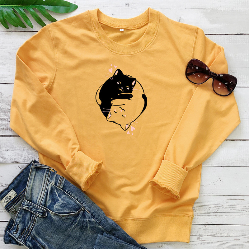 2021 New Summer Style Two Cartoon Cats Hugging Print European and American Cross-Border Export Round Neck Long-Sleeved Sweatshirt