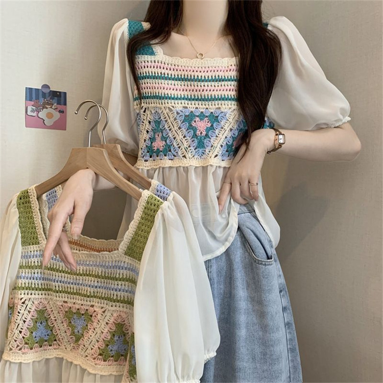 Chiffon Lace Knitted Pullover Short Sleeve Embroidered Hollow Women's Top Summer Thin Bohemian Ethnic Style