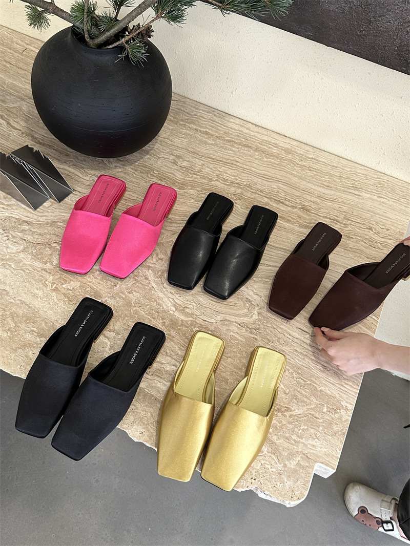 Demi-pantoufles à fond plat Style Hyuna pour femmes, pantoufles de sortie d'été à bout carré, bouche peu profonde, à petits talons OL, nouvelle collection printemps 2024_voghion.com