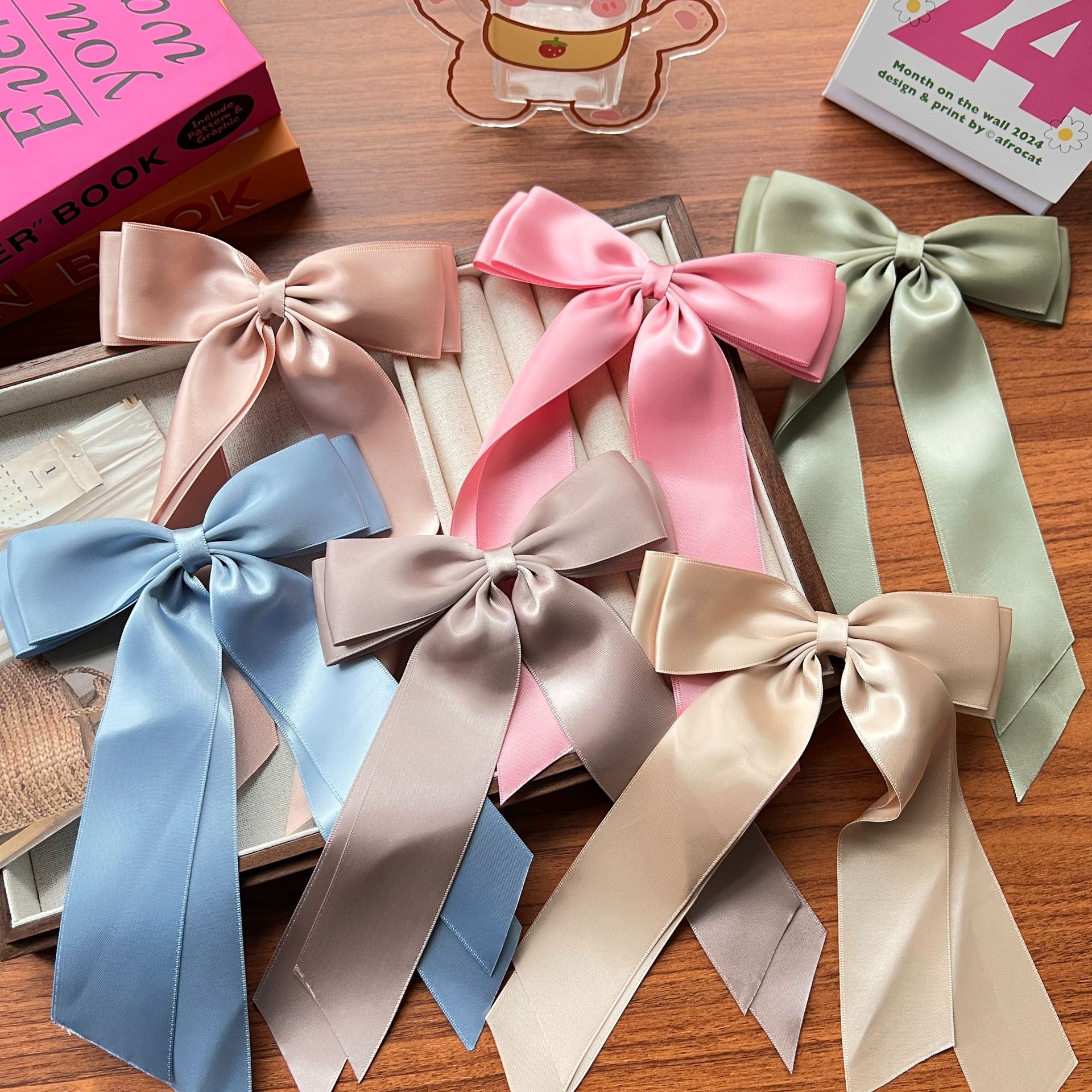 韓版純色緞面雙層蝴蝶結髮夾簡約少女心側邊夾後腦勺飄帶發卡頭飾