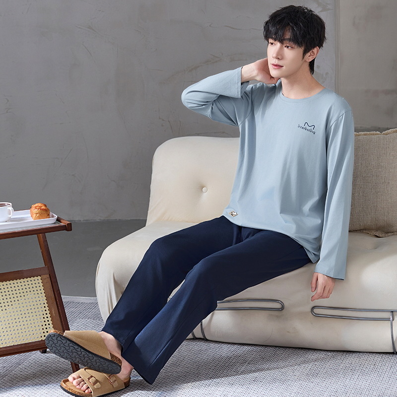 Pijamas de algodón de manga larga para hombres primavera y otoño ocio simple algodón 2024 nuevo conjunto de ropa de hogar de cuello redondo juvenil
