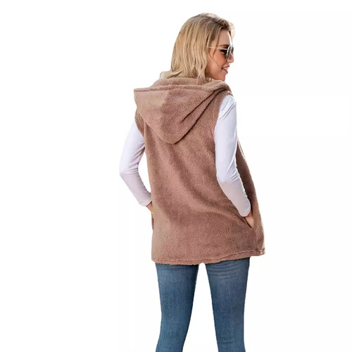 Amazon eBay 2025 Autumn/Winter New Bestselling Long-Length European and American Solid Color Hooded Vest Plush Jacket Women's