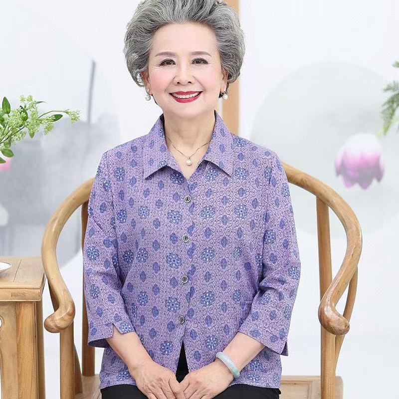 Grandma's Summer Shirt for the Elderly Middle-sleeved Shirt for Summer Thin Hemp Yarn Open for Middle-aged and Elderly Old Lady's Clothes 60 Grandma's Summer Shirt for the Elderly Middle-sleeved Shirt for Summer Thin Hemp Yarn Open for Middle-aged and Elderly Old Lady's Clothes 60