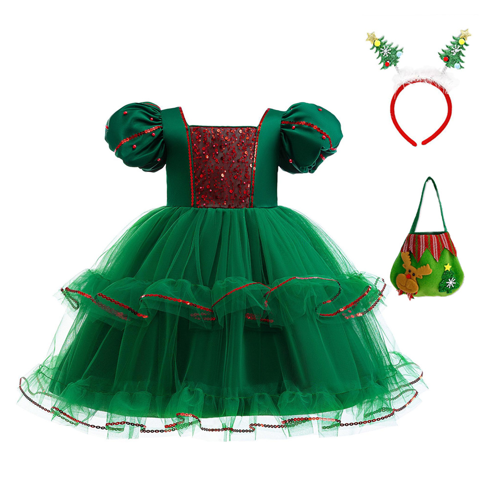 Navidad transfronteriza vestido de niña malla clavado vestido de linterna mangas vestido de princesa vestido de Navidad
