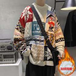 Navidad Hong Kong estilo retro oso suéter cuello redondo de los Hombres estilo perezoso suelta Otoño e Invierno ropa de punto de la pareja moda