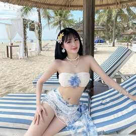 跨境批发泳衣女纯欲风分体抹胸性感比基尼沙滩长裙三件套海边度假