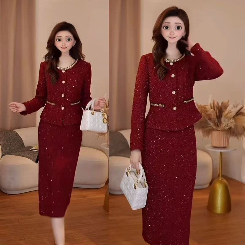 Rich family daughter toast dress temperament Ancora red fragrant style top skirt suit foreign style new year set of fashion
