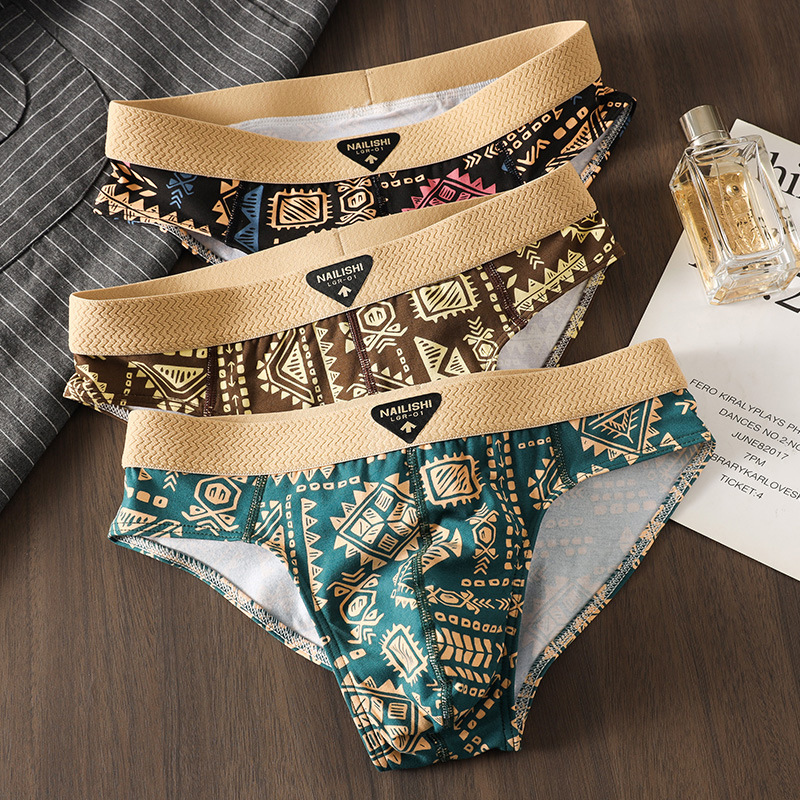 Men's Underwear Briefs Ethnic Style Trendy Men's Boxer Cotton Breathable Youth Mid-Waist Briefs Shorts