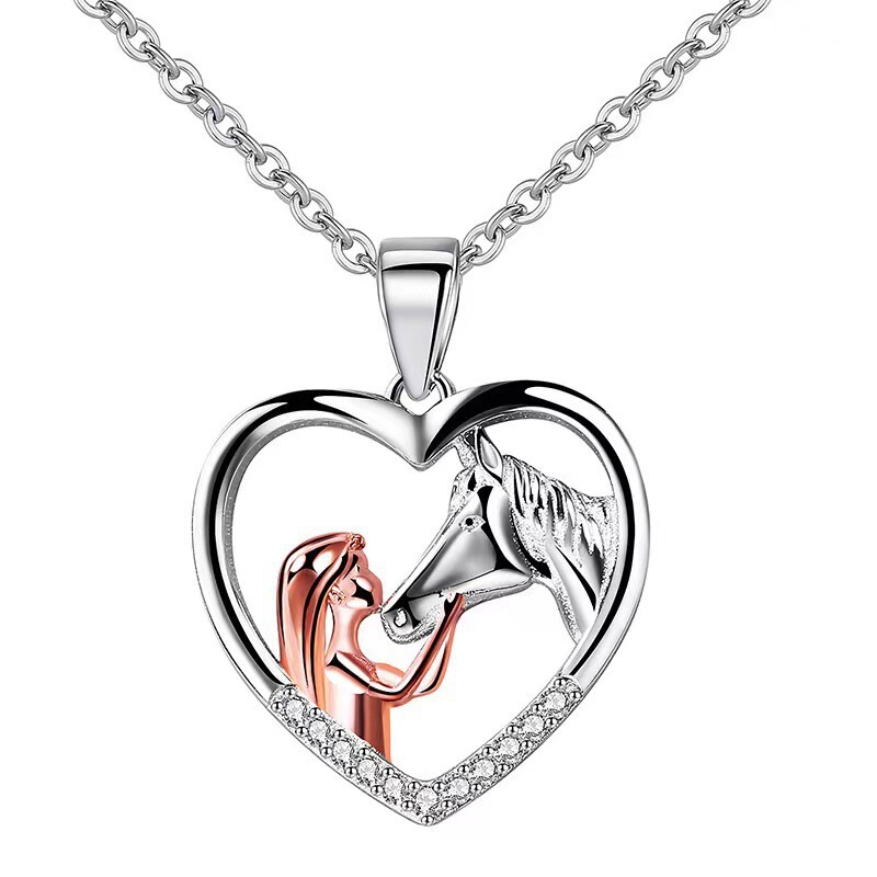 Cross-Border New Necklace Pendant Gift for Girls, Fashionable Wish Girl and Horse Heart-Shaped Necklace, Collarbone Necklace Cross-Border New Necklace Pendant Gift for Girls, Fashionable Wish Girl and Horse Heart-Shaped Necklace, Collarbone Necklace