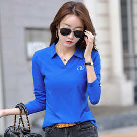 2025春秋翻领长袖体恤女棉质绣花打底衫休闲百搭刺绣设计时尚休闲