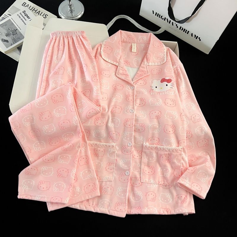 Super lindo rosa Kitty gato pijama mujer otoño invierno calentamiento de terciopelo de manga larga pantalones largos set de ropa para el hogar de alto valor