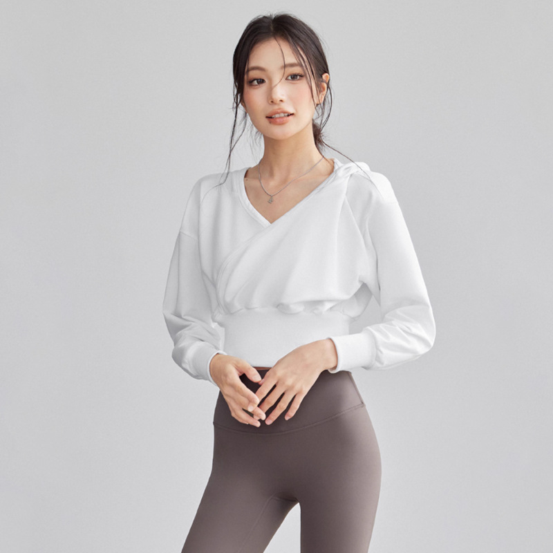 秋季瑜伽服女长袖收腰显瘦快干普拉提连帽款跑步套装运动上衣批发|undefined