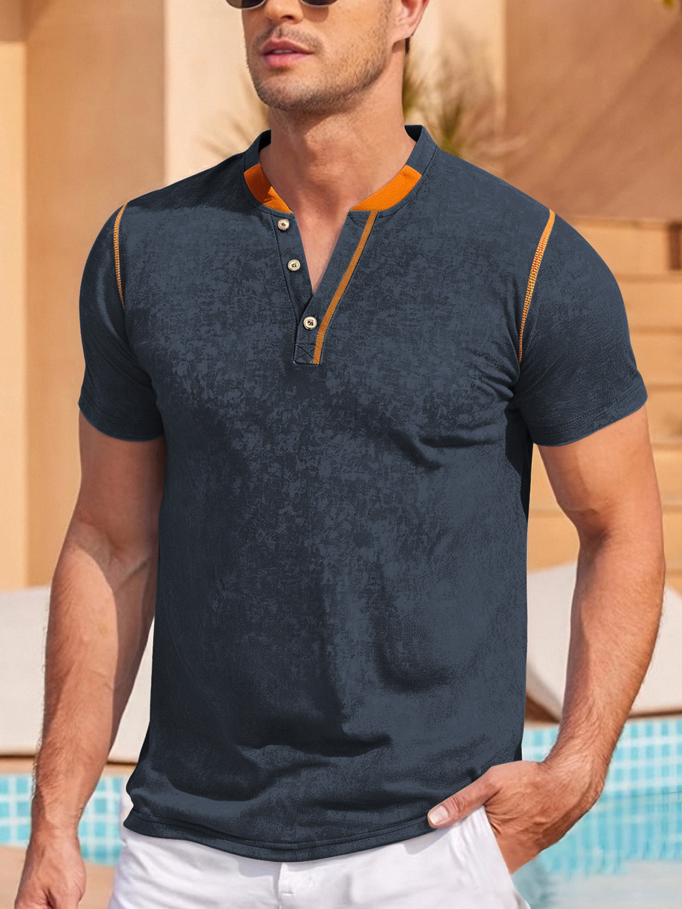 Monochrome Man- 25 European And American Men's Clothing Button Henry T-Shirt Foreign Trade Tough Guy Outdoor Sports Casual Top_viptrois.com