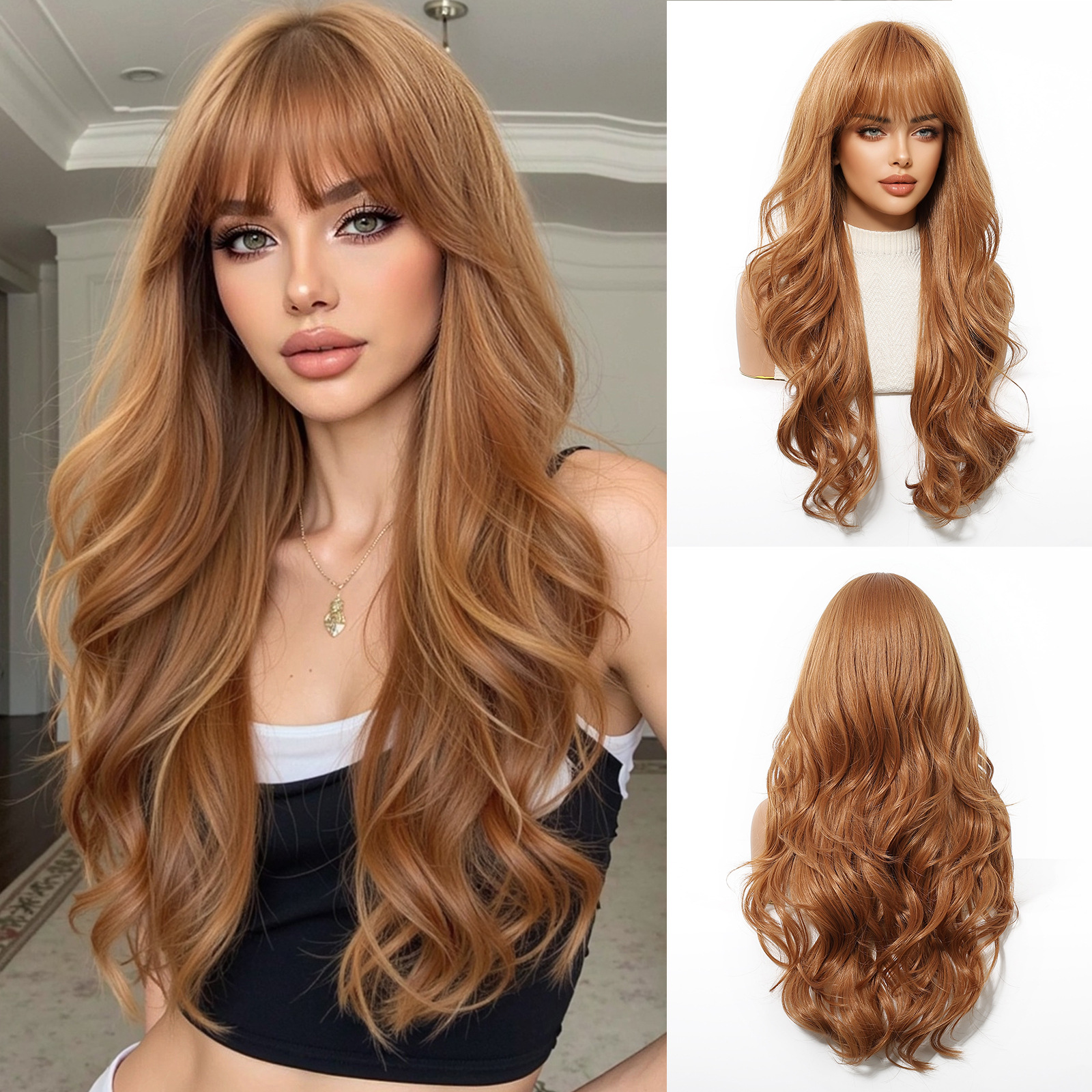 Pelucas de corte de estilo europeo y americano, pelucas con flequillo, cubiertas completas para mujer, cabello rizado, grandes ondas, cubiertas de fibra química, wigs