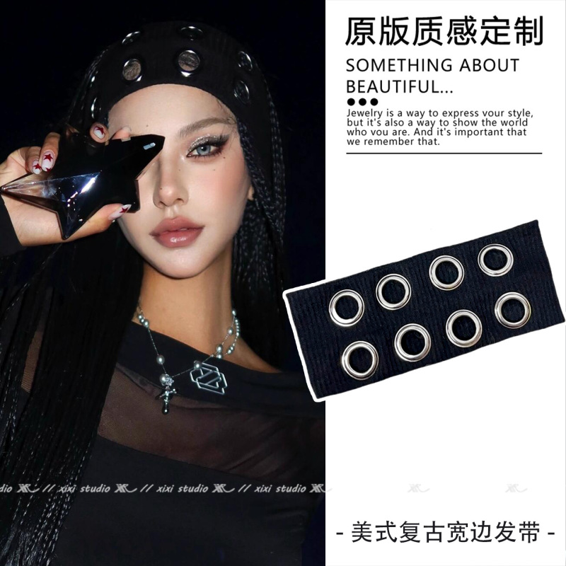 女性グループパンクメタルリング弾性ヘッドバンド韓国イン甘くてクールなつば広弾性レトロヘアアクセサリー李彩林と同じスタイル|undefined