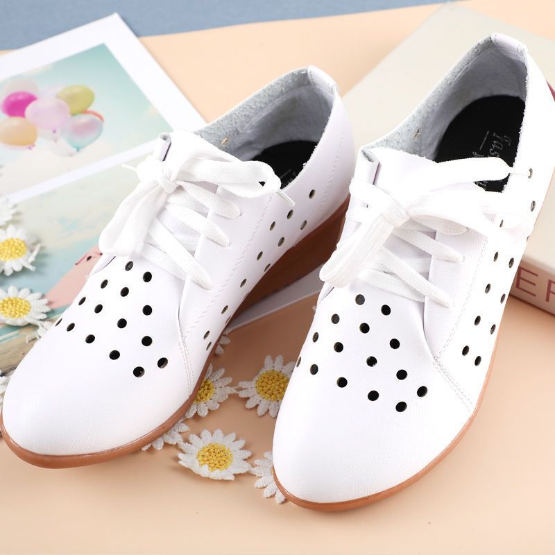 Genuine Leather Shoes for Women, Summer Square Dance Shoes, Rubber Sole, Wedge Heel, Soft Sole, Perforated Shoes, Middle-Aged Mom Shoes, Medium Heel, Large Size