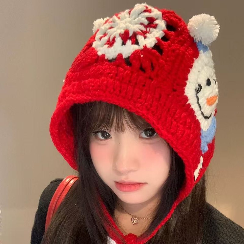 手工编织雪花雪人针织帽女2025新款毛线护耳帽秋冬保暖百搭显脸小|undefined
