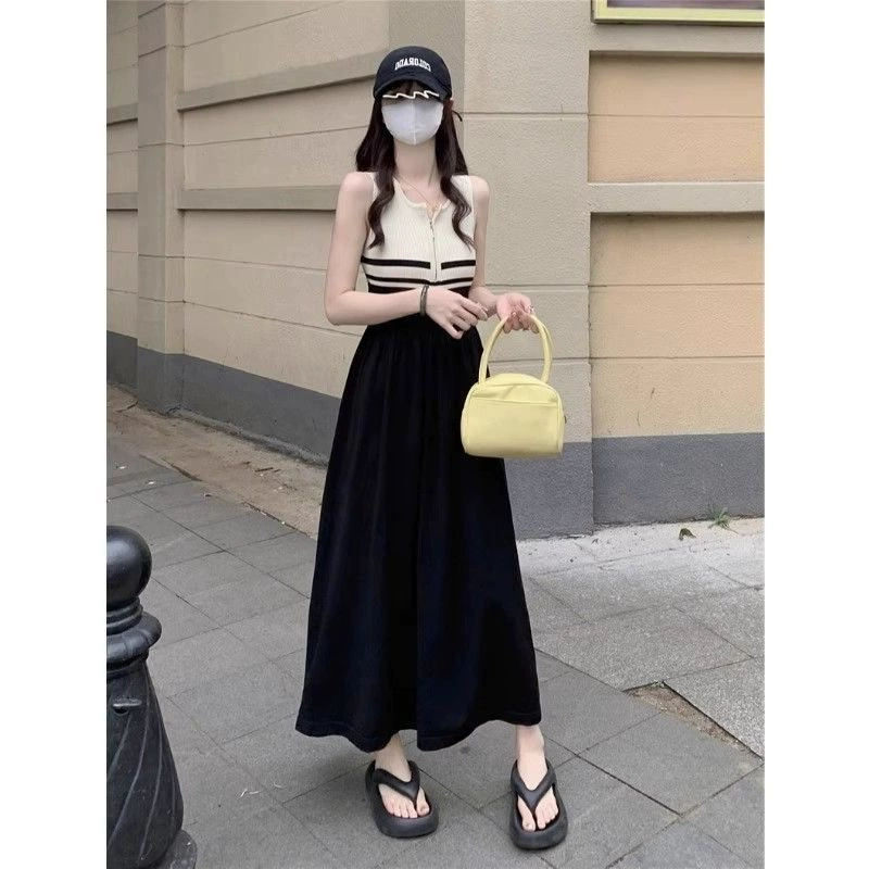 2025 новый летний стиль французский нежный стиль полосатый безрукавный жилет длинная юбка облегающее платье