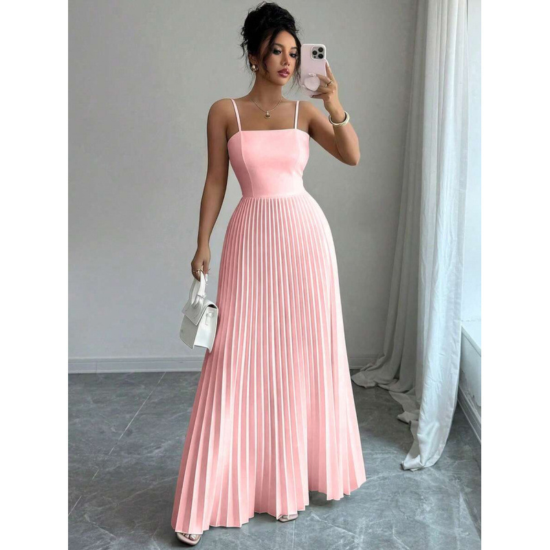 Cross-Border Amazon European Goods Summer Fashion Elegant Solid Color Pleated Waist-Cinching Long Strap Dress
