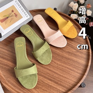 New Minimalist Style Summer Outer Wear Heightening 4cm Sandals and Slippers Beach Shoes One-Line Open-Toe Wedge Heel Frosted Slippers