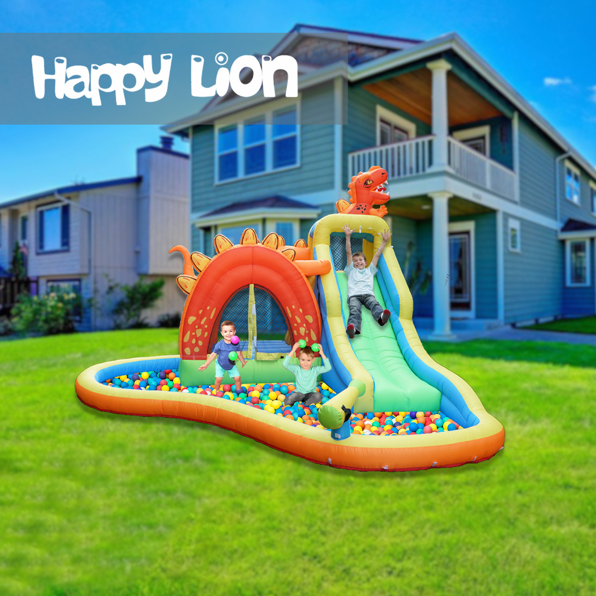 Happy Lion castillo inflable para niños spray de agua escalada en roca tobogán al aire libre para niños inflable travieso Castillo trampolín